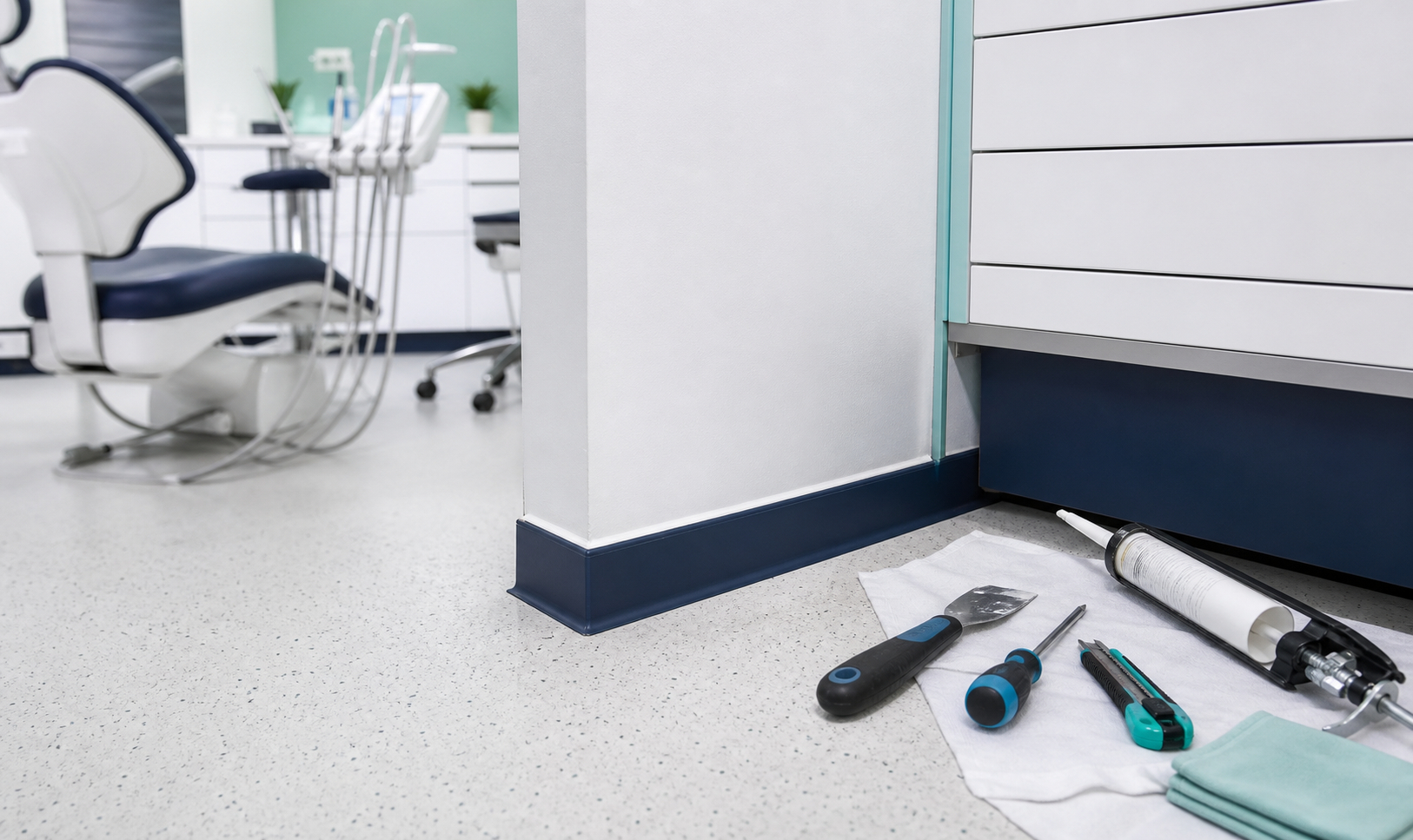 Representative visual of clean clinical maintenance tools beside a repaired dental room detail.