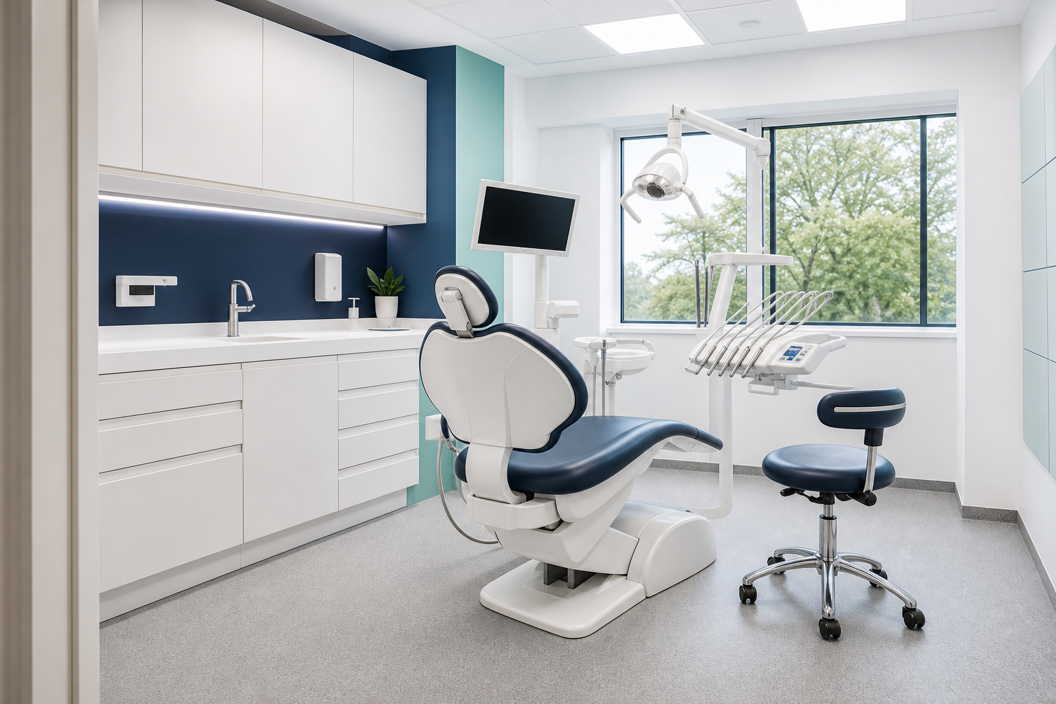 Representative visual of a completed modern dental surgery with navy and teal clinical finishes.